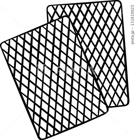 Hand-drawn black and white icon of checkered face-up playing cards, sketch style illustration of poker or casino concept. Simple doodle of patterned cards for game theme 131610025