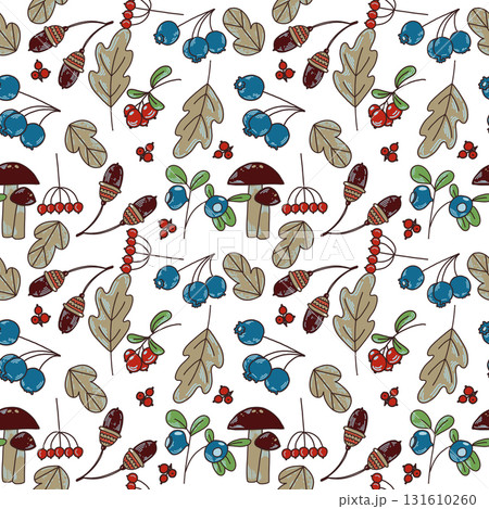 Seamless vector pattern of autumn leaves, rowan berries, mushrooms and blueberries. All objects are hand-drawn in vector. The illustration is suitable for printing on fabric, paper, textiles, design. Seamless vector pattern of autumn leaves, rowan berries, mushrooms and blueberries. All objects are hand-drawn in vector. The illustration is suitable for printing on fabric, paper, textiles, design. 131610260