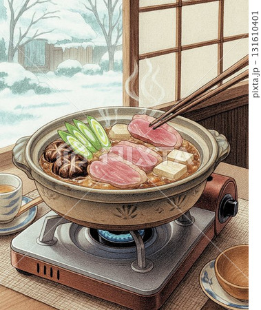 鴨鍋と窓の雪景色の料理風景イラスト 131610401