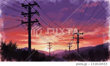Vibrant sunset over road with power lines scenery 131610433