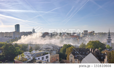 Smoke from the chimneys of coal heated houses. 131610608