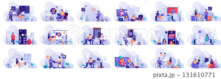 Mega set flat design concept business, marketing, shopping, banking, analysis, social network with people character situations. Bundle of different scenes. Collection vector illustrations. 131610771