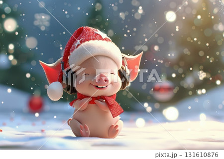 Funny pig wearing Santa hat listens to music, ideal for festive ads, seasonal cards, and holiday stock visuals 131610876