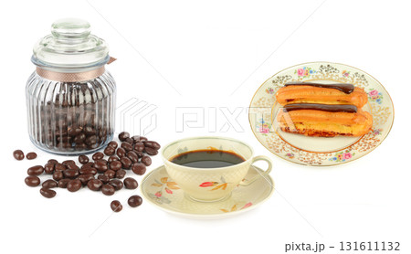 Coffee, Chocolate, and Eclairs on White Background 131611132