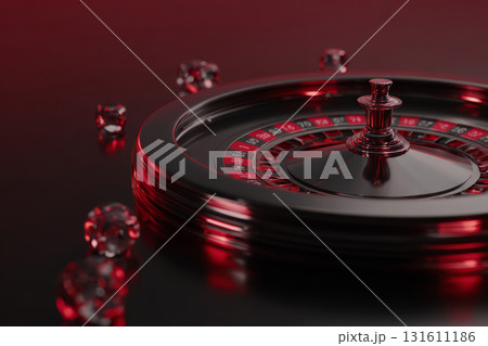 Roulette wheel with red and black numbers on dark background with glowing light 131611186