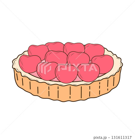 Shortcrust pastry tartlet with whipped cream, decorated with cherries. Vector illustration in flat, cartoon style. Tasty and sweet tartlet with raspberries, isolated on white background. Confectionery Shortcrust pastry tartlet with whipped cream, decorated with cherries. Vector illustration in flat, cartoon style. Tasty and sweet tartlet with raspberries, isolated on white background. Confectionery 131611317