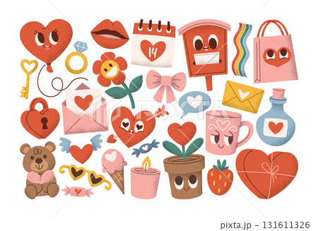 Happy valentines day set with cute romantic symbols with love hearts in cartoon grunge style Happy valentines day set with cute romantic symbols with love hearts in cartoon grunge style 131611326