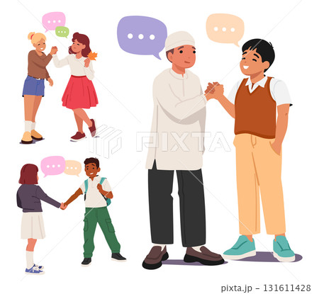 Diverse interracial schoolchildren handshaking gesture and nice communication cartoon scene set 131611428
