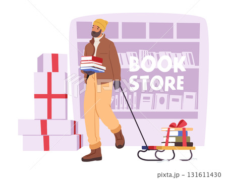 Happy satisfied man character carrying books after shopping at traditional Christmas literature fair Happy satisfied man character carrying books after shopping at traditional Christmas literature fair 131611430