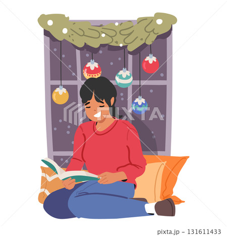 Teenage girl character reading book meeting cozy Christmas Eve evening at home cartoon scene 131611433
