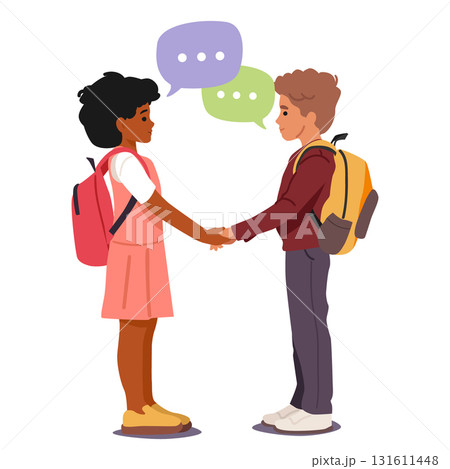 Schoolboy and schoolgirl shaking hands welcoming during meeting at school vector illustration Schoolboy and schoolgirl shaking hands welcoming during meeting at school vector illustration 131611448