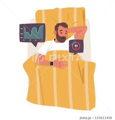 Man using smart watch bracelet while sleeping in bed to control health indicators during rest Man using smart watch bracelet while sleeping in bed to control health indicators during rest 131611456