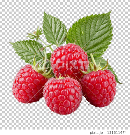 An isolated image of a bunch of ripe raspberries with green leaves on a white background demonstrates the freshness of the berries. This image is suitable for healthy eating and dessert themes. 131611474