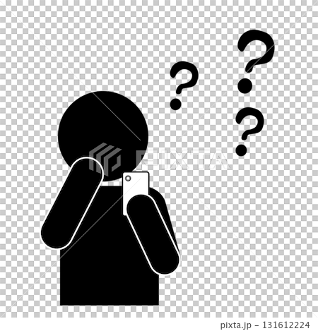 スマートフォンを見て困惑する人物のピクトグラムイラスト 131612224