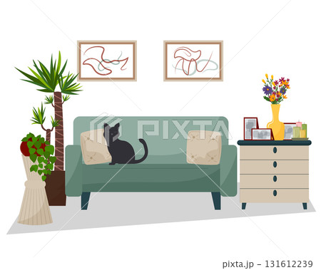 A living room interior with a sofa. A black cat sits on a green sofa with pillows. A nightstand holds a bouquet of flowers in a vase, candles, and several framed photographs. A plant stand with a 131612239