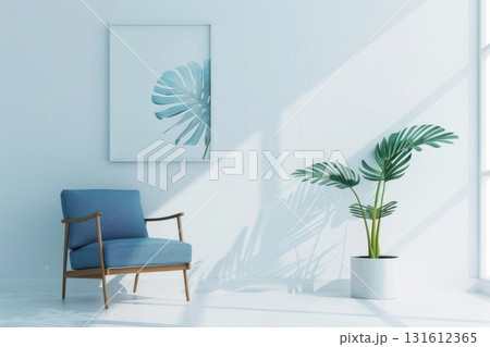 An empty white interior featuring a blue chair, a leafy monstera in a pot, and a wall adorned with a single painting. 131612365
