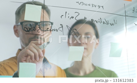Business professionals brainstorming near glass board, using sticky notes for strategic planning, writing calculations, sharing innovative ideas during collaborative work session Business professionals brainstorming near glass board, using sticky notes for strategic planning, writing calculations, sharing innovative ideas during collaborative work session 131612383