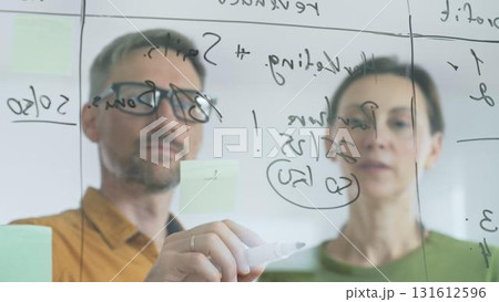 Business people are brainstorming and writing ideas on a glass wall with a marker, discussing revenue, marketing, partners, sales and bonus during a productive office meeting Business people are brainstorming and writing ideas on a glass wall with a marker, discussing revenue, marketing, partners, sales and bonus during a productive office meeting 131612596