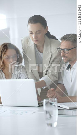 Business team collaborating on a project, analyzing data on a laptop during a productive office meeting, demonstrating teamwork and problem solving skills Business team collaborating on a project, analyzing data on a laptop during a productive office meeting, demonstrating teamwork and problem solving skills 131612643