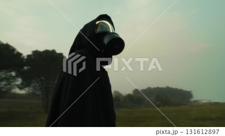 After the Nuclear Disaster One Man Looks Around With Gas Mask Destroyed Nature 131612897