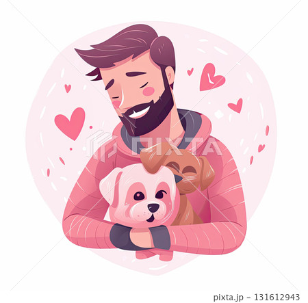 Ruff Around the Clock: A Man and His Dog Snuggle Up for a Cozy Hug. Illustration in cartoon style. Ruff Around the Clock: A Man and His Dog Snuggle Up for a Cozy Hug. Illustration in cartoon style. 131612943
