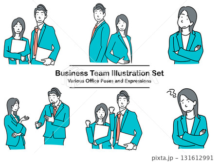 イラスト素材: オフィスで働くビジネスチームの表情とポーズセット イラスト素材: オフィスで働くビジネスチームの表情とポーズセット 131612991