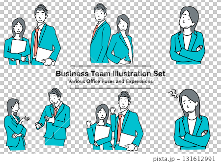 イラスト素材: オフィスで働くビジネスチームの表情とポーズセット イラスト素材: オフィスで働くビジネスチームの表情とポーズセット 131612991
