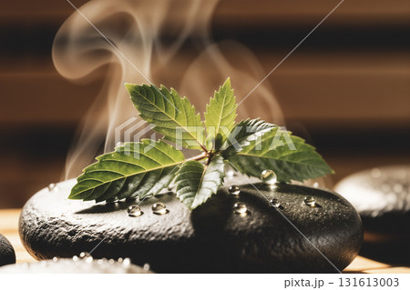 Fresh Green Leaves on Steaming Spa Stones with Water Droplets. AI generated 131613003