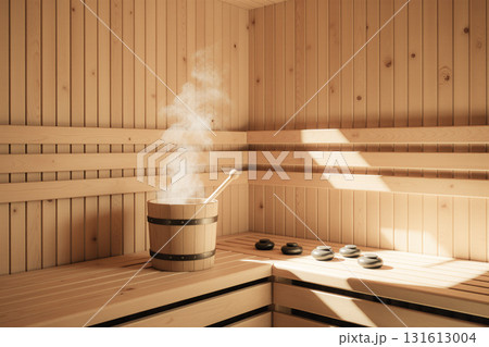 Serene minimalist Scandinavian sauna interior with steaming bucket and hot stones. AI generated 131613004