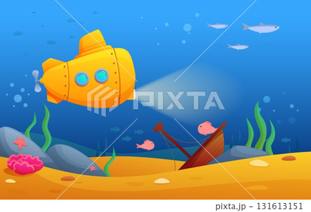Submarine concept. Underwater boat with light, ocean animals and nature, plants seaweeds. Sand bottom with stones, cartoon bright sapid vector scene Submarine concept. Underwater boat with light, ocean animals and nature, plants seaweeds. Sand bottom with stones, cartoon bright sapid vector scene 131613151