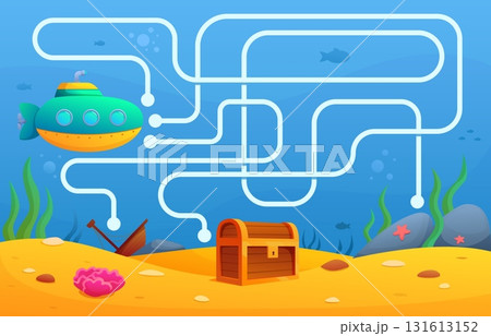 Submarine maze game. Help underwater boat find path to wooden chest. Educational and development play with labyrinth for kids, sapid vector location Submarine maze game. Help underwater boat find path to wooden chest. Educational and development play with labyrinth for kids, sapid vector location 131613152