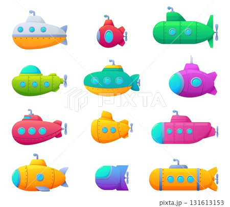 Isolated submarines. Cartoon bathyscaphes, children submarine elements. Underwater bright boats and vessels with windows for explorations, sapid vector clipart Isolated submarines. Cartoon bathyscaphes, children submarine elements. Underwater bright boats and vessels with windows for explorations, sapid vector clipart 131613153