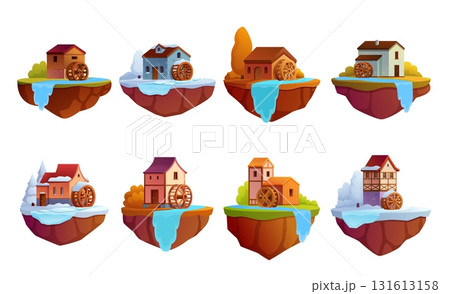 Watermills. Game design floating islands with vintage water mill and waterfalls in different seasons. Cartoon wooden stones houses, sapid vector set 131613158