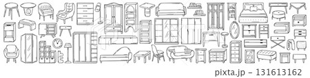 Doodle furniture. Sofa, wardrobe, shelves, lamp and chair. Isolated hand drawn interior design elements for living room, mirror, shelf, vase, neoteric vector clipart Doodle furniture. Sofa, wardrobe, shelves, lamp and chair. Isolated hand drawn interior design elements for living room, mirror, shelf, vase, neoteric vector clipart 131613162