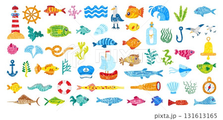 Sea elements crayon style. Ocean travel accessories, fish, seaweeds, shell, anchor, ship, seagulls. Children drawing style colored pencil, neoteric vector clipart 131613165