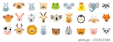 Hand drawn crayon faces. Funny animals children drawing style. Isolated panda raccoon deer wolf bear frog cat koala. Kids animal neoteric vector clipart 131613168