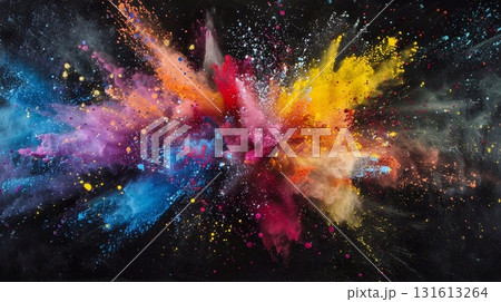 The dark background enhances the vibrant colors of the Holi festival, creating a breathtaking visual explosion. 131613264