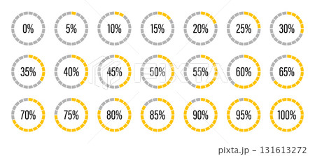 Template of yellow and gray color fill pie charts indicator. Round graph loading progress set. Yellow progress bars. Circle diagrams icons for infographics from 100 to 0 percent. Round percentage Template of yellow and gray color fill pie charts indicator. Round graph loading progress set. Yellow progress bars. Circle diagrams icons for infographics from 100 to 0 percent. Round percentage 131613272
