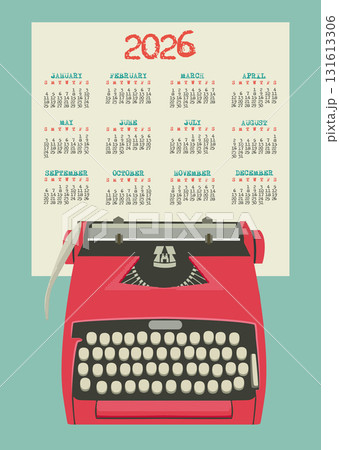2026 calendar design with retro typewriter and typography on retro paper sheet. Vector wall calendar poster 2026 calendar design with retro typewriter and typography on retro paper sheet. Vector wall calendar poster 131613306