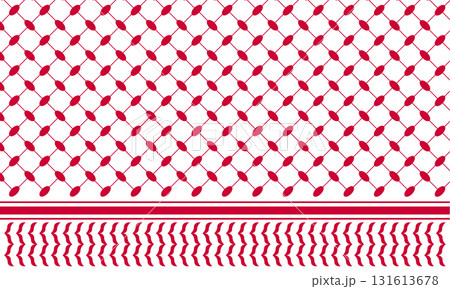 Red keffiyeh pattern. Palestinian traditional men headgear print. Geometric fabric texture. Classic arabic cloth background. Oriental textile design. Vector graphic illustration Red keffiyeh pattern. Palestinian traditional men headgear print. Geometric fabric texture. Classic arabic cloth background. Oriental textile design. Vector graphic illustration 131613678