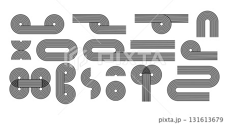 Set of geometric shapes with rainbow linear pattern. Arch, circle and looped path figures. Trendy forms in boho style. Minimalistic design elements for modern templates. Vector graphic illustration Set of geometric shapes with rainbow linear pattern. Arch, circle and looped path figures. Trendy forms in boho style. Minimalistic design elements for modern templates. Vector graphic illustration 131613679
