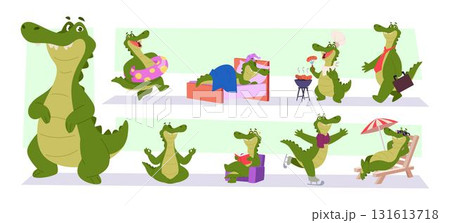 Alligator cartoon. Reptile in action poses crocodile playing walking jumping and sleeping exact vector childish template 131613718