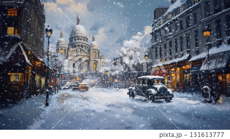 paris street scene style touch impressionism snowflakes light 131613777