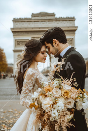 paris bride wedding photograph triomphe groom pose arc 131613801