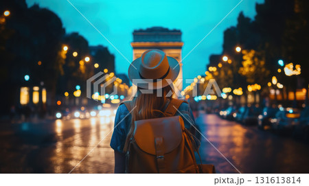 paris woman straw hat city street twilight triomphe paris woman straw hat city street twilight triomphe 131613814