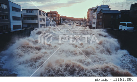 aerial view town torrential downpour sunset wave buildings 131613890