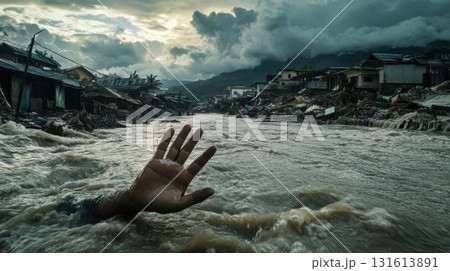 hand reaches river debris houses scene sky clouds 131613891