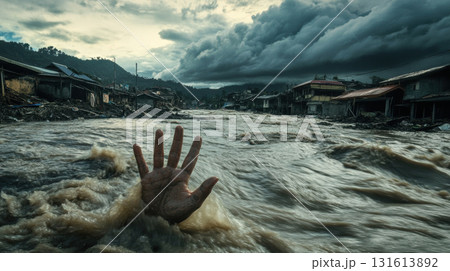 poignant portrayal human hand river sky stormy emerging 131613892