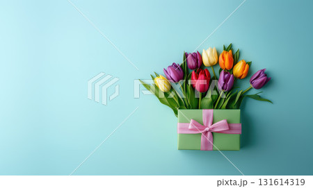 tulips gift turquoise background purple vase bouquet green 131614319