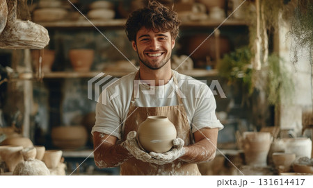 man pottery workshop clay pot shirt hands brown 131614417